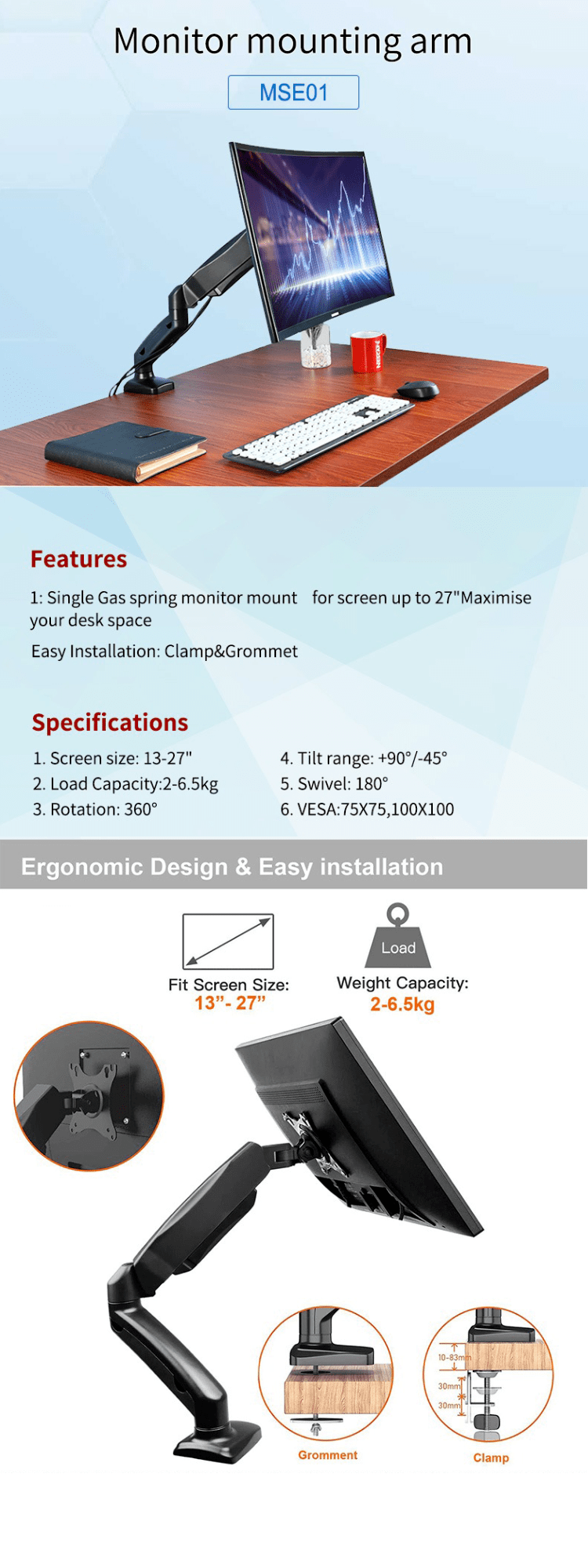 13 Inch to 27 Inch Single Monitor Desk Mount